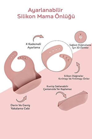 4'lü Silikon Bebek Beslenme Seti- Vakumlu Kase - Mama Önlüğü - Kulplu Bardak - Kaşıyıcı Kaşık -Pembe