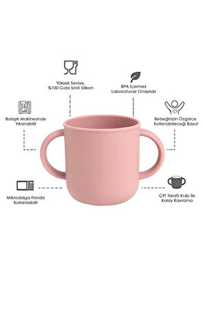 4'lü Silikon Bebek Beslenme Seti- Vakumlu Kase - Mama Önlüğü - Kulplu Bardak - Kaşıyıcı Kaşık -Pembe