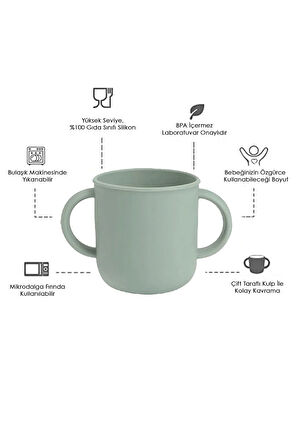 4'lü Silikon Bebek Beslenme Seti- Vakumlu Kase - Mama Önlüğü - Kulplu Bardak - Kaşıyıcı Kaşık -Yeşil