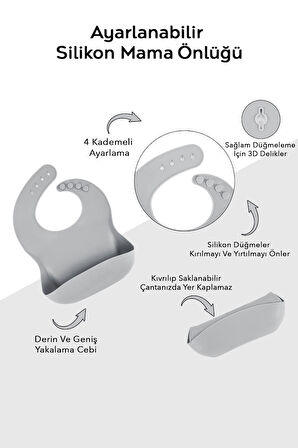 4'lü Silikon Bebek Beslenme Seti- Vakumlu Kase - Mama Önlüğü - Kulplu Bardak - Kaşıyıcı Kaşık -Gri