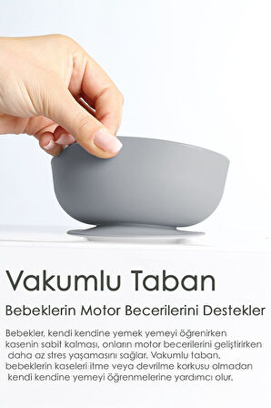 4'lü Silikon Bebek Beslenme Seti- Vakumlu Kase - Mama Önlüğü - Kulplu Bardak - Kaşıyıcı Kaşık -Gri