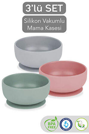 3'lü Silikon Vakumlu Bebek Mama Kasesi Seti - Vakum Tabanlı Set Kase - Gri-Yeşil-Pembe