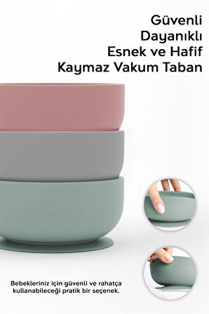 3'lü Silikon Vakumlu Bebek Mama Kasesi Seti - Vakum Tabanlı Set Kase - Gri-Yeşil-Pembe