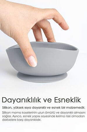 3'lü Silikon Vakumlu Bebek Mama Kasesi Seti - Vakum Tabanlı Set Kase - Gri-Yeşil-Pembe
