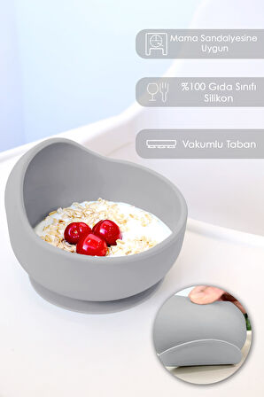 5'li Silikon Beslenme Seti - Bebek Mama Önlüğü - Tabak - Vakumlu Kase - Pipetli Bardak - Kaşık-Gri