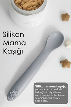 5'li Silikon Beslenme Seti - Bebek Mama Önlüğü - Tabak - Vakumlu Kase - Pipetli Bardak - Kaşık-Gri