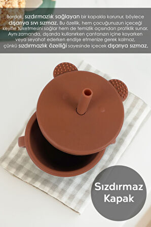 Sızdırmaz Kapaklı, Silikon Pipetli Bebek Alıştırma Bardağı - Silikon Bebek Beslenme Bardağı - Kahve