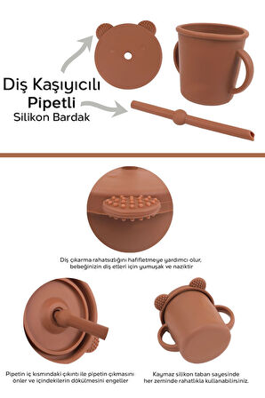 Sızdırmaz Kapaklı, Silikon Pipetli Bebek Alıştırma Bardağı - Silikon Bebek Beslenme Bardağı - Kahve