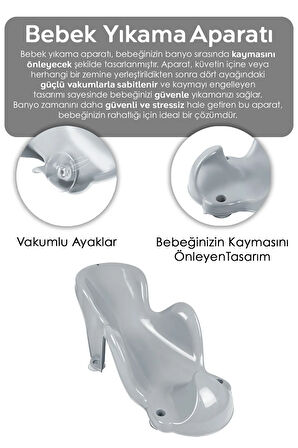 Vakum Tabanlı Bebek Yıkama Banyo Aparatı - Bebek Yıkama Koltuğu Küvet Oturağı - Gri
