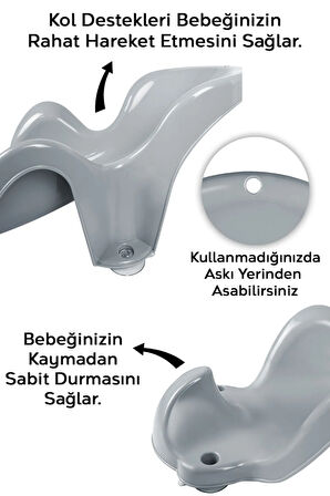 Vakum Tabanlı Bebek Yıkama Banyo Aparatı - Bebek Yıkama Koltuğu Küvet Oturağı - Gri