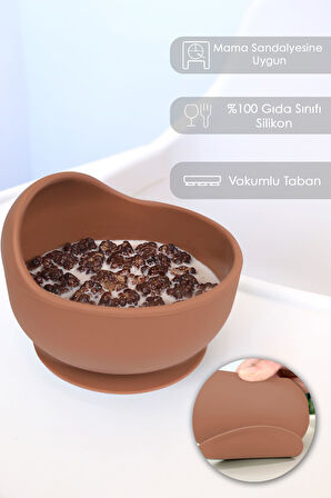 Vakum Tabanlı Bebek Mama Kasesi - Vakumlu Oval Silikon Kase - Kahve