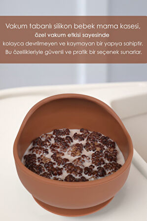 Vakum Tabanlı Bebek Mama Kasesi - Vakumlu Oval Silikon Kase - Kahve