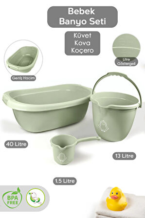 3’lü Bebek Banyo Seti - Bebek Yıkama Küveti - Su Kovası - Maşrapa - Yeşil