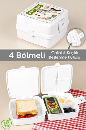 2 Katlı Bölmeli Çatal Kaşıklı Çocuk Beslenme Kutusu - Öğrenci Okul Beslenme Yemek Taşıma Kabı -Beyaz
