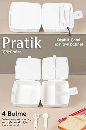 2 Katlı Bölmeli Çatal Kaşıklı Çocuk Beslenme Kutusu - Öğrenci Okul Beslenme Yemek Taşıma Kabı -Beyaz