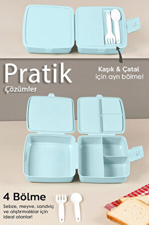 2 Katlı Bölmeli Çatal Kaşıklı Çocuk Beslenme Kutusu - Öğrenci Okul Beslenme Yemek Taşıma Kabı - Mint