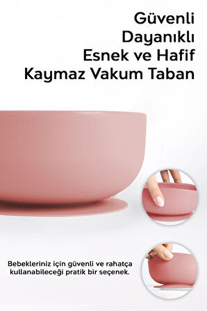 3'lü Silikon Bebek Beslenme Seti - Vakumlu Mama Kasesi - Mama Önlüğü - Diş Kaşıyıcı Kaşık - Pembe