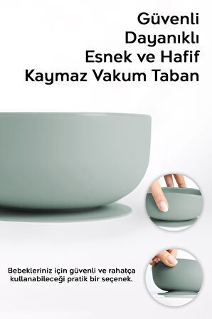 3'lü Silikon Bebek Beslenme Seti - Vakumlu Mama Kasesi - Mama Önlüğü - Diş Kaşıyıcı Kaşık - Yeşil