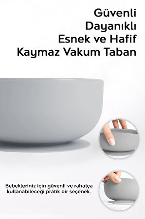 3'lü Silikon Bebek Beslenme Seti - Vakumlu Mama Kasesi - Mama Önlüğü - Diş Kaşıyıcı Kaşık - Gri