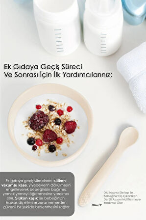 Vakumlu Silikon Bebek Mama Kasesi - Vakum Tabanlı Silikon Kase - Silikon Diş Kaşıyıcı Kaşık - Bej