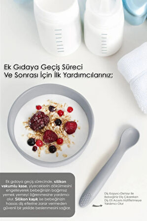 Vakumlu Silikon Bebek Mama Kasesi - Vakum Tabanlı Silikon Kase - Silikon Diş Kaşıyıcı Kaşık - Gri