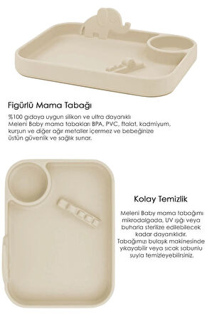 Silikon 3 Bölmeli Bebek Beslenme Tabağı - Silikon Tabak - Silikon Beslenme Aksesuarı - Bej