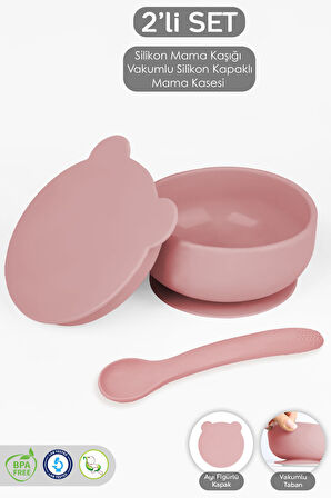 2'li Bebek Beslenme Seti - Vakumlu Silikon Kapaklı Mama Kasesi - Diş Kaşıyıcı Mama Kaşığı - Pembe