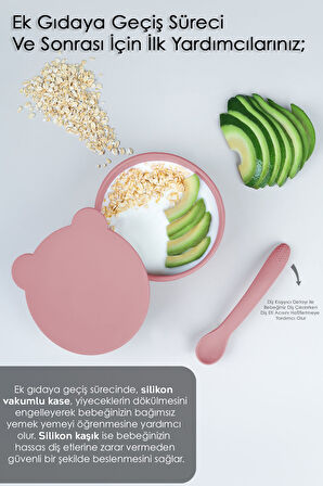 2'li Bebek Beslenme Seti - Vakumlu Silikon Kapaklı Mama Kasesi - Diş Kaşıyıcı Mama Kaşığı - Pembe