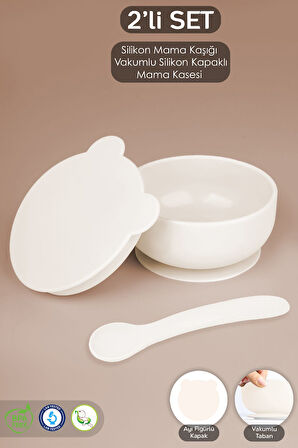 2'li Bebek Beslenme Seti - Vakumlu Silikon Kapaklı Mama Kasesi - Diş Kaşıyıcı Mama Kaşığı - Bej