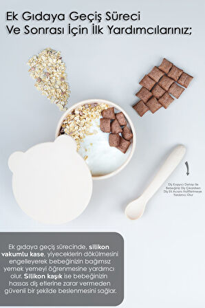 2'li Bebek Beslenme Seti - Vakumlu Silikon Kapaklı Mama Kasesi - Diş Kaşıyıcı Mama Kaşığı - Bej