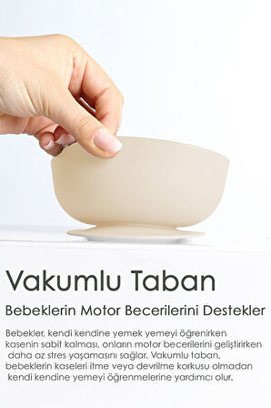 2'li Bebek Beslenme Seti - Vakumlu Silikon Kapaklı Mama Kasesi - Diş Kaşıyıcı Mama Kaşığı - Bej