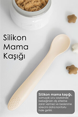 2'li Bebek Beslenme Seti - Vakumlu Silikon Kapaklı Mama Kasesi - Diş Kaşıyıcı Mama Kaşığı - Bej