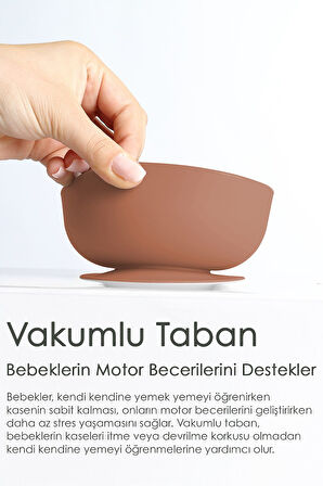 2'li Bebek Beslenme Seti - Vakumlu Silikon Kapaklı Mama Kasesi - Diş Kaşıyıcı Mama Kaşığı - Kahve