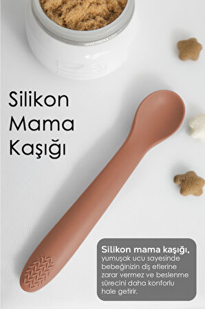 2'li Bebek Beslenme Seti - Vakumlu Silikon Kapaklı Mama Kasesi - Diş Kaşıyıcı Mama Kaşığı - Kahve