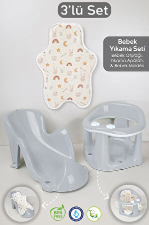 3'lü Set - Vakumlu Bebek Yıkama Aparatı, Vakumlu Destekli Banyo Oturağı, Banyo Oturak Minderi Gri