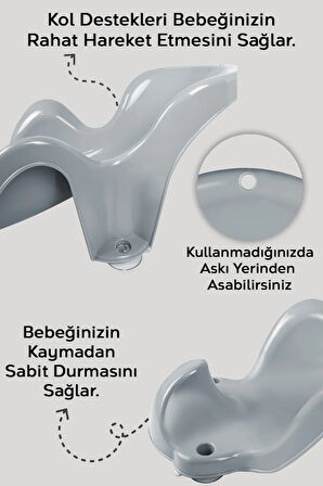 3'lü Set - Vakumlu Bebek Yıkama Aparatı, Vakumlu Destekli Banyo Oturağı, Banyo Oturak Minderi Gri