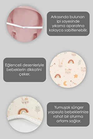 2'li Bebek Yıkama Aparatı ve Minder Seti - Vakumlu Küvet Oturağı, Yıkanabilir Oturak Minderi Pembe