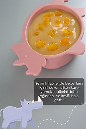 Gergedan Figürlü Silikon Bebek Mama Kasesi - Şekilli Bebek Beslenme Kasesi - Pembe