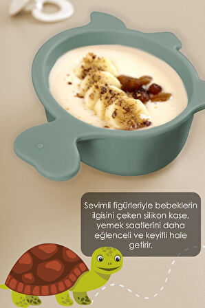 Kaplumbağa Figürlü Silikon Bebek Mama Kasesi - Şekilli Bebek Beslenme Kasesi - Yeşil
