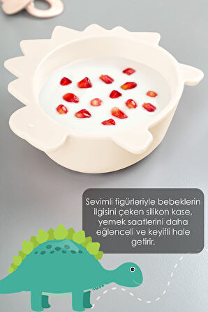 Dinozor Figürlü Silikon Bebek Mama Kasesi - Şekilli Bebek Beslenme Kasesi Bej