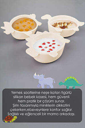 Dinozor Figürlü Silikon Bebek Mama Kasesi - Şekilli Bebek Beslenme Kasesi Bej