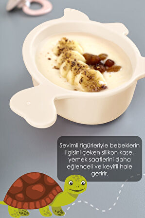 Kaplumbağa Figürlü Silikon Bebek Mama Kasesi - Şekilli Bebek Beslenme Kasesi - Bej