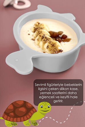 Kaplumbağa Figürlü Silikon Bebek Mama Kasesi - Şekilli Bebek Beslenme Kasesi - Gri