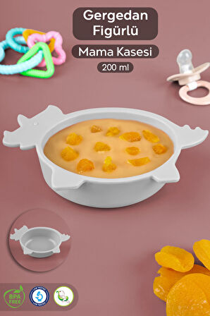 Gergedan Figürlü Silikon Bebek Mama Kasesi - Şekilli Bebek Beslenme Kasesi - Gri