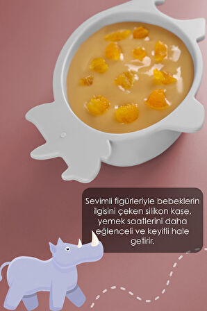 Gergedan Figürlü Silikon Bebek Mama Kasesi - Şekilli Bebek Beslenme Kasesi - Gri