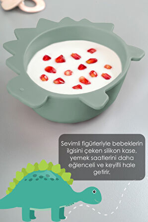 3'lü Hayvan Figürlü Silikon Bebek Mama Kasesi Seti - Şekilli Bebek Beslenme Kasesi Yeşil