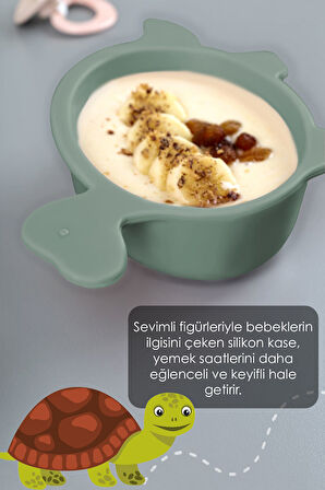 3'lü Hayvan Figürlü Silikon Bebek Mama Kasesi Seti - Şekilli Bebek Beslenme Kasesi Yeşil