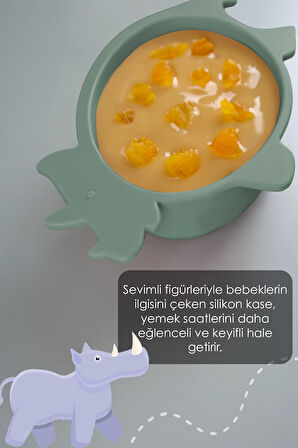 3'lü Hayvan Figürlü Silikon Bebek Mama Kasesi Seti - Şekilli Bebek Beslenme Kasesi Yeşil