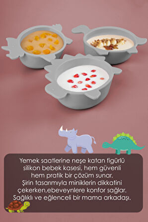 3'lü Hayvan Figürlü Silikon Bebek Mama Kasesi Seti - Şekilli Bebek Beslenme Kasesi Gri