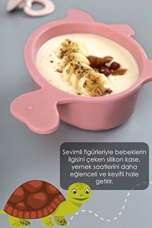 Kaplumbağa Figürlü Silikon Bebek Mama Kasesi - Şekilli Bebek Beslenme Kasesi - Pembe